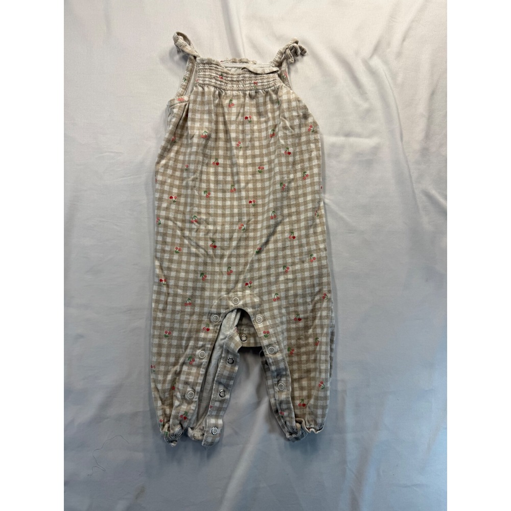 Carter's Baby Girl 9M Gingham Cherry Romper Tan White Sleeveless Sunsuit Snaps